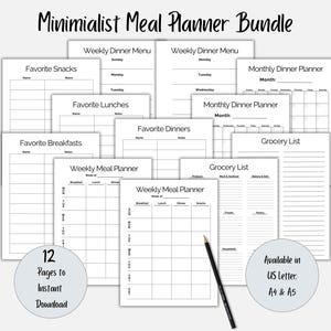 May include: A minimalist meal planner bundle with 12 pages for instant download. The bundle includes weekly and monthly dinner menus, grocery lists, and planners for breakfast, lunch, snacks, and dinner. Available in US Letter, A4 & A5 sizes.