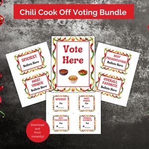 Chili Kochen Off Wahlkarten Set, Wahlurne Aufkleber, Schild, Wahlurne Aufkleber und Wahlzettel für Tailgate, Büroparty, Familientreffen, Schulveranstaltung, Printable