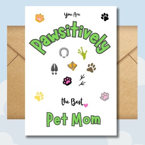 Cartão em branco para mãe de animal de estimação para o dia das mães, aniversário ou todas as ocasiões, cartão de felicitações exclusivo de todos os tipos de animais de estimação, cartão para amante de animais para impressão