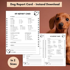May include: A printable dog report card with fill-in-the-blank sections for mood, meal time, and potty time. The text "Dog Report Card - Instant Download" is at the top. A brown dachshund dog is in the background. The report card is available in two sizes.