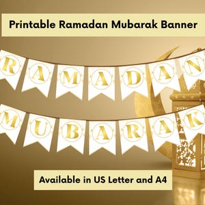 Ramadan Mubarak Bunting Banner Sign, Printable Islamic Home Decor, Gold and White Pennant Garland, Digital