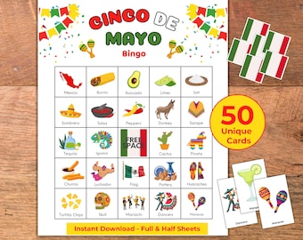 Giochi stampabili per il Cinco de Mayo, Fiesta Bingo, set da 50 cartelle uniche per il bingo, gioco per feste a tema messicano, tacos e tequila, gioco per gruppi numerosi