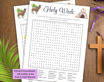 Semana Santa imprimible, sopa de letras bíblica, actividad del Domingo de Ramos, juego bíblico para adultos, juegos bíblicos para adolescentes, sopa de letras, rompecabezas