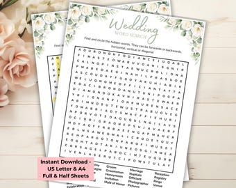 Wedding Word Search Printable For Adults, Bridal Shower Game, Wedding Table Games, Sip and Solve, Word Find Brain Teaser, Word Search Puzzle