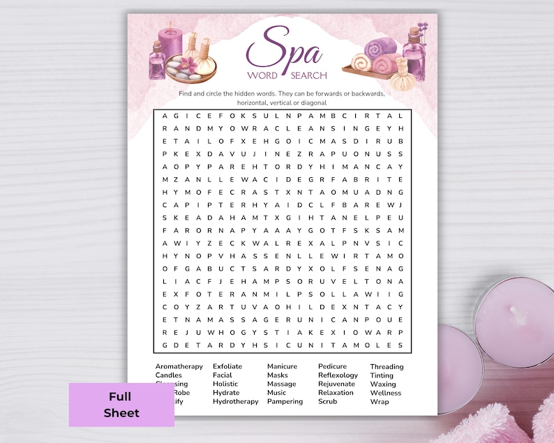 Spa Time Words Spa Word Search, Printable Self Care Basket or Spa Gift Box Game ...