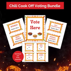 Chili Cook Off Voting Cards Bundle, Sign, Ballot Box Labels and Ballots for Tailgate, Office Party, Family Reunion, School Event, Printable