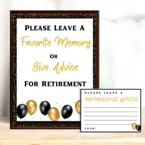 Signe et notes de jeu de fête de retraite, partager un souvenir ou des cartes de conseils, cadeau souvenir d'adieu de retraite, noir et or, imprimable numérique