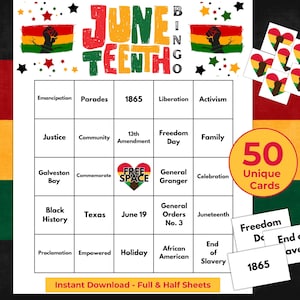 Può includere: Un gioco del bingo del Juneteenth con uno schema di colori rosso, giallo e verde. Il gioco include una scheda del bingo con vari termini relativi alla festa, come "Emancipazione" e "Texas". L'immagine mostra anche pedine a forma di cuore.
