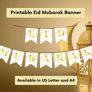 Eid Mubarak Bunting Banner Sign, Printable Islamic Home Decor, Gold and White Pennant Garland, Digital