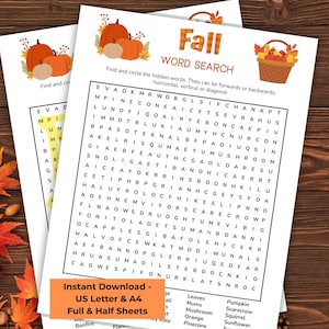 Könnte beinhalten: Zwei druckbare Herbst-Wortsuchrätsel auf weißem Papier. Das obere Puzzle hat eine Kürbis- und Korbillustration. Das untere Puzzle hat eine Liste von Wörtern, die gefunden werden sollen. Der Text "Fall Word Search" steht oben.