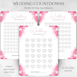 Calendario de cuenta regresiva para bodas, cronograma de boda de 30, 60 y 100 días, regalo para despedida de soltera/futura novia, tamaño carta y A4, imprimible digitalmente.