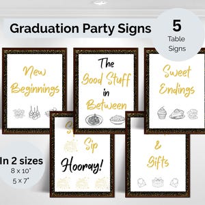 Puede incluir: Un conjunto de cinco letreros enmarcados para fiestas de graduación con texto e ilustraciones doradas. Los letreros incluyen frases como "Nuevos comienzos" y "Dulces finales". Disponibles en tamaños de 20,3 x 25,4 cm y 12,7 x 17,8 cm.