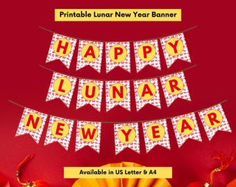 Happy Lunar New Year Decor Sign, Chinese Zodiac, Printable Chinese New Year Decoration, Bunting Banner Garland Backdrop, US Letter & A4