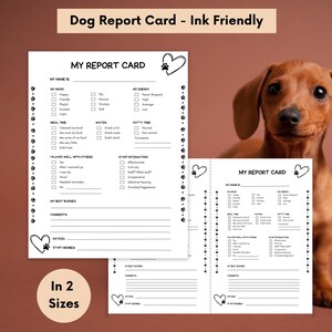 Tarjeta de calificaciones para perros para guardería, alojamiento o cuidador de mascotas. Dos tamaños y diseño compatible con tinta. Imprimible digitalmente.