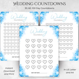 Calendario de cuenta regresiva para bodas, cronograma de boda de 30, 60 y 100 días, regalo para despedida de soltera/futura novia, tamaño carta y A4, imprimible digitalmente.