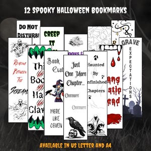 Puede incluir: Un conjunto de 12 marcapáginas con temática de Halloween. Cada marcapáginas presenta diseños únicos con texto e ilustraciones, incluyendo fantasmas, brujas y lápidas. Disponibles en tamaños US Letter y A4.