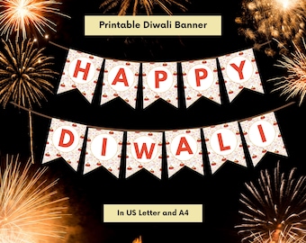 Happy Diwali Bunting Banner Backdrop Sign, South Asian Indian Festival of Lights Decoration, Fireworks and Diya, US Letter & A4, Printable