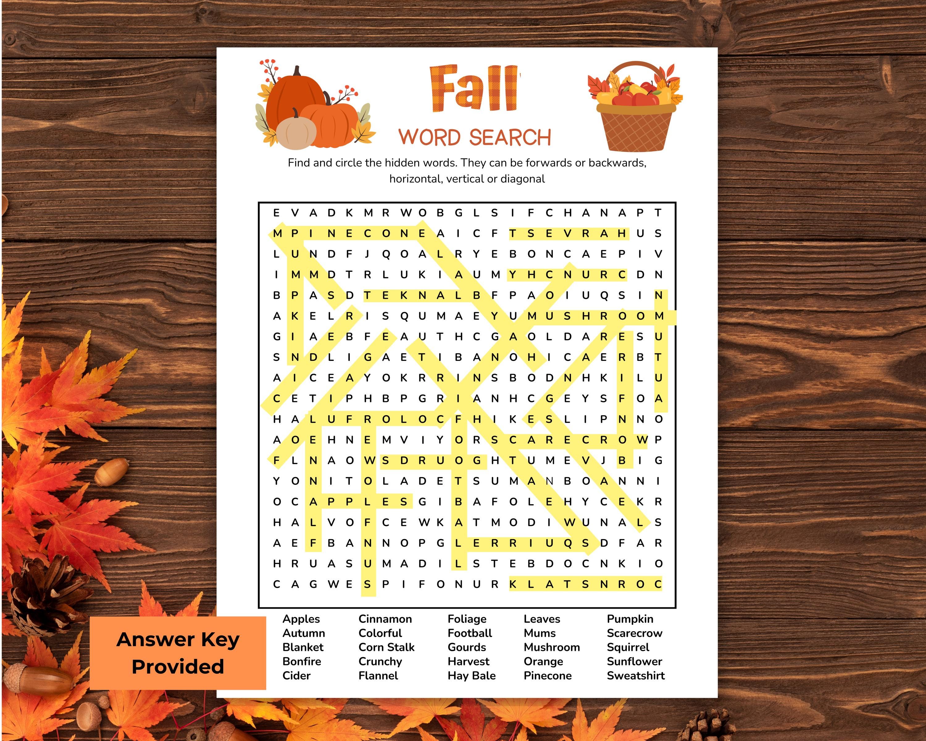 Fall Word Search Printable for Adults, Autumn Party Game, Word Find