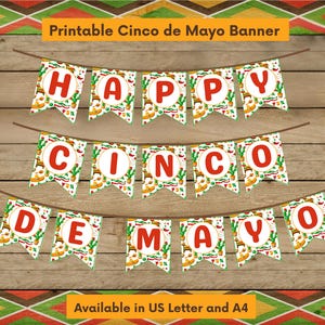 Happy Cinco de Mayo Pennant Garland Backdrop Sign, Mexican Fiesta Party Decor, US Letter and A4, Digital Printable