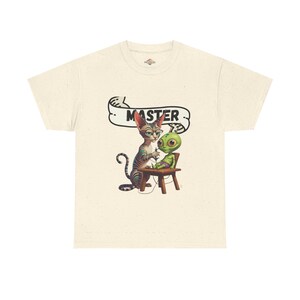 Master Cat and Alien Tee, Fun Unisex Heavy Cotton Shirt, Gift for Pet Lovers, Casual Wear, Cartoon Graphic Tee