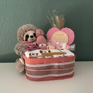 Windeltorte Windelbox Windelgeschenk Baby Geburt Taufe Babyshower Genderreaveal Mädchen Faultier