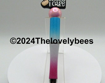 Blue to Pink Ombre Glitter Beaded Pen with I Swear because I care focal bead.