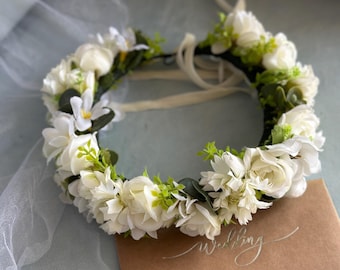 Blomsterhuvudbonad för bröllop, Minimalistiskt brudhårband med vitt blommönster, Krämfärgad blommig brudkrona, Bohobröllop, Skogsbröllop, Älvbröllop