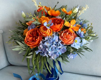 Orange Blue Wedding Bouquet, Eternal Bridal Bouquet, Charming Spring Wedding Accessories, Terracotta Bridal Bouquet, Spring Wedding