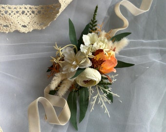 Boho Wrist Corsage, Orange Rose Wrist Corsage, Bohemian Dried Flowers Corsage, Wedding Ivory Corsage, Summer Wedding, Wrist Corsage for Mom