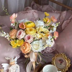 Yellow Pink Bridal Bouquet with Daisies and Poppies, Artificial Wedding Flowers, Rustic Summer Bride Bouquet, Wildflower Inspired Bouquet