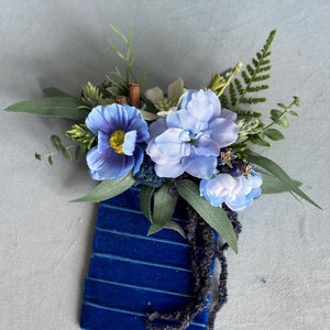 Blue Boho Wedding Pocket Boutonniere, Boutonniere for Groom, Groomsmen Gift, Field Boutonniere with Greenery, Homecoming Boutonniere