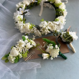 White Floral Wedding Crown, Bridal Wreath with Hair Comb, Bridal Accessories