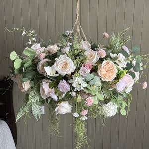 Wedding Hanging Floral Arrangement with Roses, Eucalyptus and Amaranthus, Blush Flower Chandelier Style Wedding Indoor Decor 33 Inch