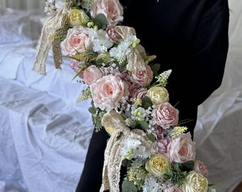 Blush Pink Floral Garland for Wedding Arch, Artificial Rose Eucalyptus Garland, Long Flower Swag, Spring Summer Bridal Backdrop Decor