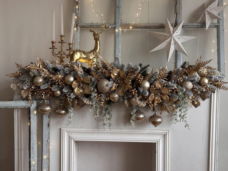 Luxury Christmas Garland in Beige and Gold with Poinsettias, Snowy Greenery, and Golden Decorations,  Elegant Mantel and Stairway Decor