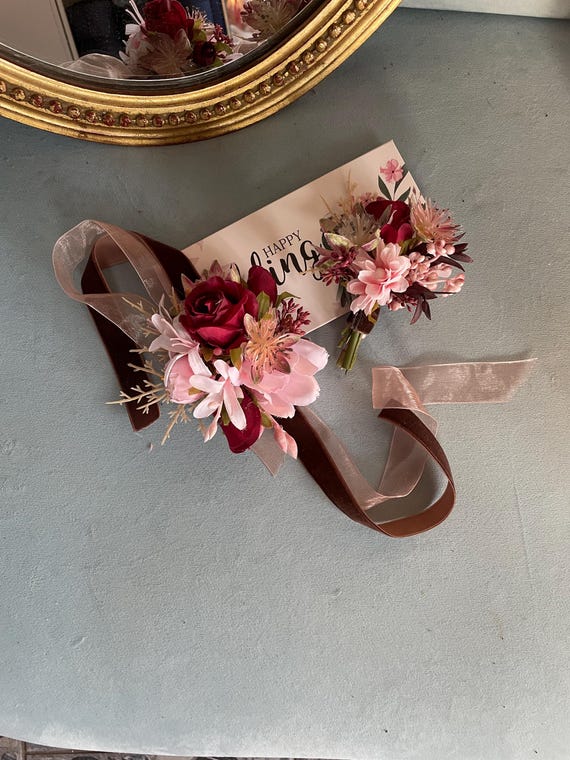 Pink Burgundy Corsage and Boutonniere Optional Set, Faux Flower Corsage,  Trending Wedding Wrist Corsage, Burgundy Wedding, Fall Wedding - Etsy