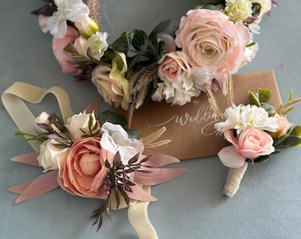 Blush rosa Blumen Krone, Blumenmädchen Krone, rosa Rosen Blumenkrone für Brautjungfer, Boho Hochzeit im Sommer, romantischer Kopfschmuck, Festival Krone