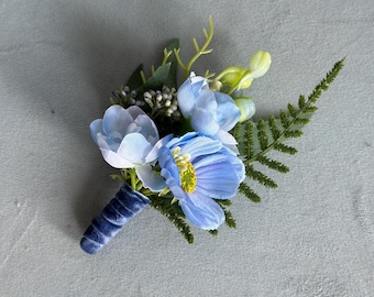 Blaue Hochzeit Boutonniere für Männer, blaue Hochzeitsaccessoires, Boutonniere für Bräutigam, Trauzeugen, hellblaue Boutonniere, Boho-Hochzeit