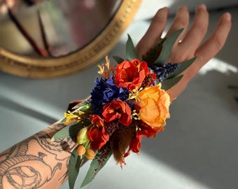 Terracotta wrist wedding corsage for bridesmaid, Bright orange and royal blue corsage for fall wedding, Homecoming dance corsage bracelet