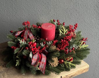 Christmas Red and Green Arrangement with Candle – Festive Table Centerpiece, Artificial Pine Decor, Winter Holiday Decoration