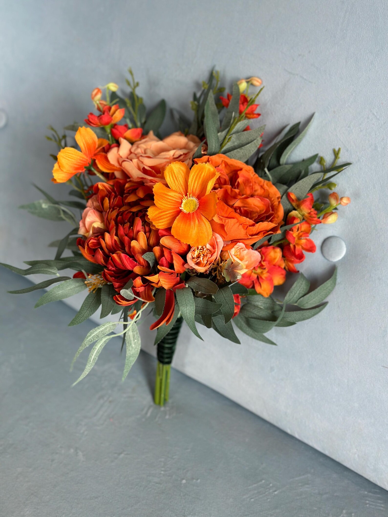 Orange Blue Wedding Bouquet, Eternal Bridal Bouquet, Charming Spring