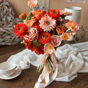 Orange and powder bridal bouquet, artificial rose poppy ranunculus bouquet, bridesmaid flowers, fall wedding bouquet, fall wedding decor