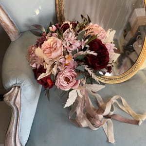 Bridal bouquet pink, Boho wedding bouquet, Pink, burgundy, dusty rose bridesmaid bouquet, Artificial flower wedding bouquet, Garden wedding