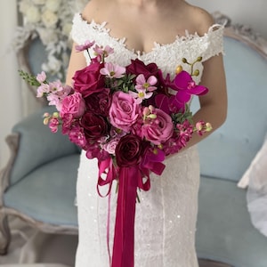 Magenta and Pink Bridal Bouquet, Roses and Orchid Wedding Bouquet, Vibrant Faux Flower Bright Pink Bouquet, Prom Bouquet, Glamorous Wedding