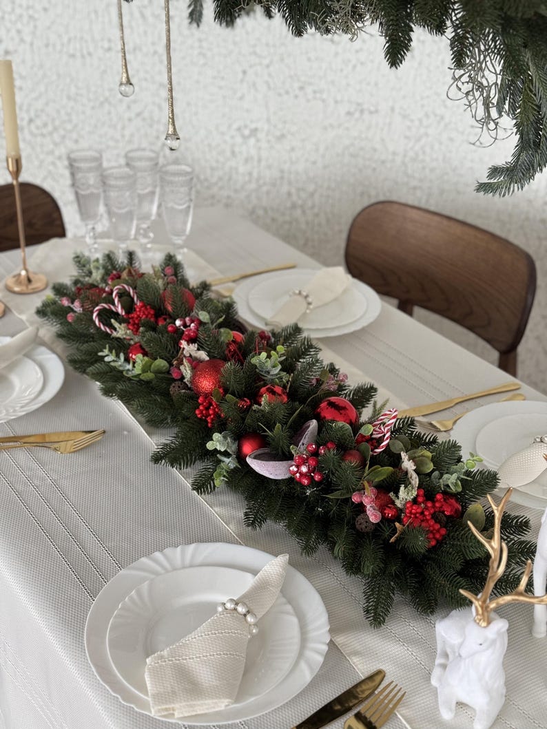 Christmas Long Table Centerpiece – Artificial Green Pine With Viburnum ...