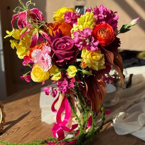 Vibrant Bridal Bouquet in Yellow, Orange and Fuchsia, Faux Roses, Anthurium, Gloriosa, Ranunculus, Lisianthus, Hyacinth Fall Wedding Bouquet