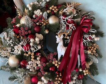 Trending Burgundy Christmas Front Door Wreath, Elegant Winter Door Wreath with Ornaments and Deer Figurine, Luxury Front Door Decoration