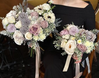 Light Purple and Ivory Silk Flower Wedding Bouquet, Bridal Bouquet and Small Bridesmaid Bouquet, Set of Summer Wedding Accessories for Bride