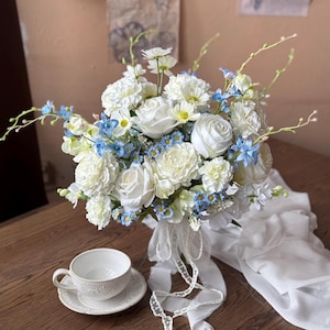 Luxury White and Blue Bouquet, Rustic Bridal Bouquet, Bridesmaid Bouquet, Boho Wedding Flowers, Premium Quality Silk Flower Bouquet