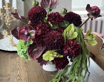 Burgundy Green Floral Arrangement, Artificial Flower Centerpiece, Amaranthus Orchid Anthurium Decor, Luxury Table Decor, Statement Flowers